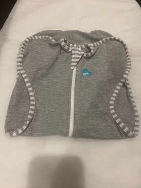 Love to dream Grey Zip-Up Baby Swaddle with Striped Trim- Newborn